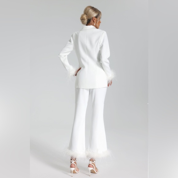 White Blazer and Pant Set with Ostrich Feather Trim - NWT - Picture 3 of 6